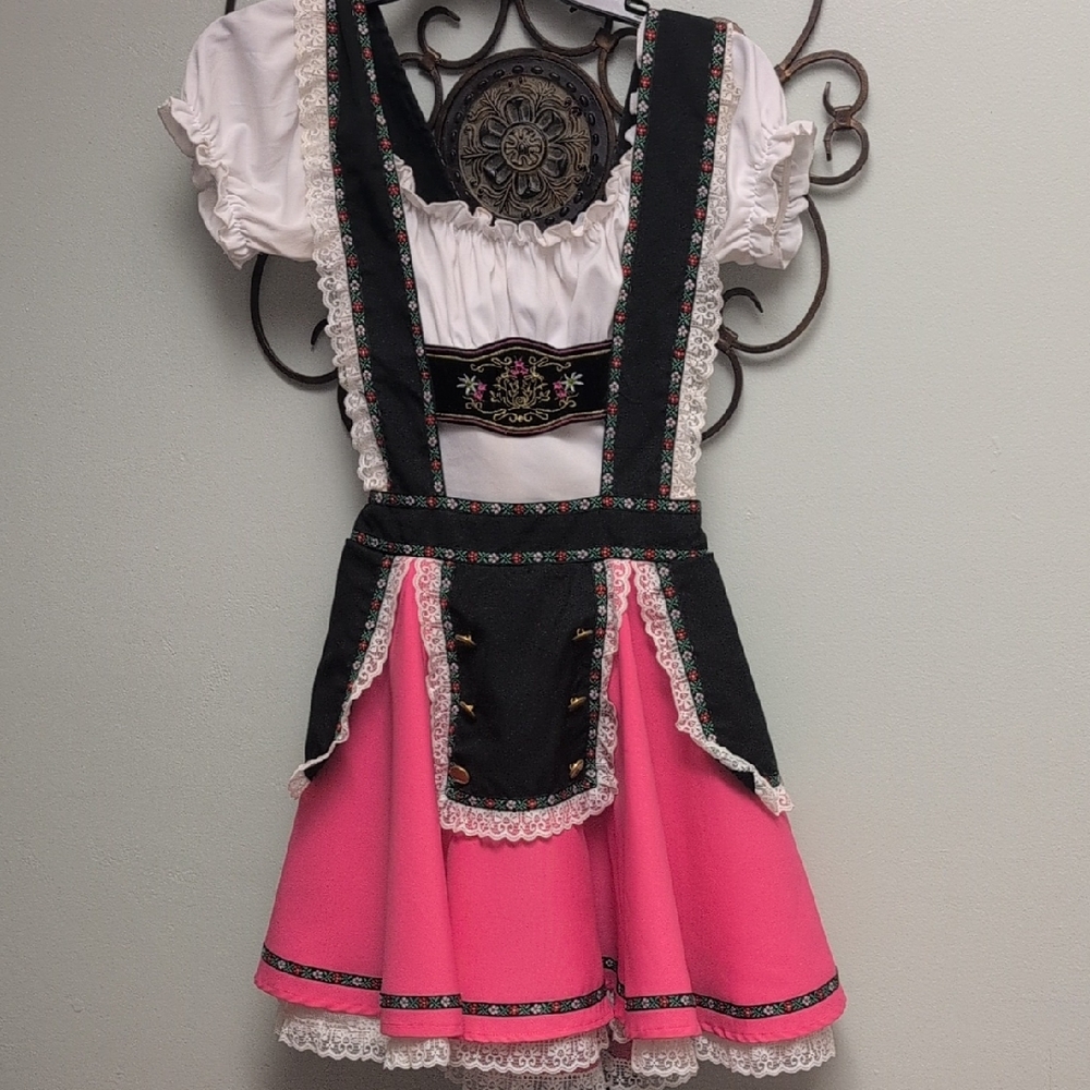 Halloween - Beer Girl. Pink and Black Mini Dress with Embroidery and Lace Trim